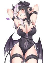 Rule 34 | 1girl, absurdres, adapted costume, black hair, black horns, black tail, breasts, chest belt, choker, cleavage, demon girl, demon horns, demon tail, demon wings, fang, glowing, glowing eyes, grey hair, grin, hair ornament, highres, hololive, hololive english, horns, leotard, looking at viewer, medium breasts, mmneko, multicolored hair, open mouth, shiori novella, shiori novella (1st costume), simple background, smile, solo, split-color hair, tail, twitter username, two side up, upper body, virtual youtuber, white background, wings, yellow eyes