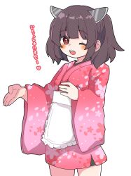 Rule 34 | 1girl, alternate costume, blush, brown hair, cherry blossoms, commentary request, cowboy shot, floral print, halftone, headgear, highres, japanese clothes, kimono, long sleeves, looking at viewer, maid, open mouth, pink kimono, poroporosaburo, print kimono, raised eyebrows, red eyes, short kimono, simple background, smile, solo, standing, touhoku kiritan, translation request, twintails, voiceroid, wa maid, welcoming, white background, wide sleeves