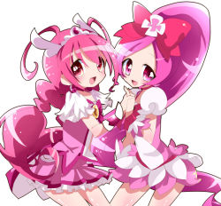 Rule 34 | 10s, 2girls, antenna hair, bad id, bad pixiv id, blush, bow, choker, color connection, cure blossom, cure happy, dress, frills, hanasaki tsubomi, head wings, heartcatch precure!, holding hands, hoshizora miyuki, long hair, magical girl, multiple girls, no nose, payu (arucure), pink bow, pink dress, pink eyes, pink hair, pink skirt, pink theme, ponytail, precure, puffy sleeves, shiny skin, skirt, smile, smile precure!, tiara, twintails, white background, wings, wrist cuffs
