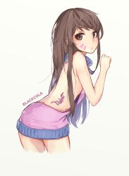 Rule 34 | 1girl, artist name, back, backless dress, backless outfit, bare back, bare shoulders, black cola, body writing, breasts, brown eyes, brown hair, closed mouth, cowboy shot, d.va (overwatch), dress, facepaint, facial mark, flat chest, from behind, halterneck, hand up, highres, long hair, looking at viewer, looking back, meme attire, naked sweater, no bra, overwatch, overwatch 1, pink dress, pink sweater, purple sweater, ribbed sweater, simple background, solo, sweater, sweater dress, turtleneck, turtleneck sweater, virgin killer sweater, whisker markings