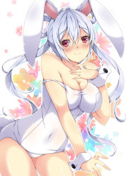 Rule 34 | 1girl, ahoge, animal ears, bare shoulders, breasts, cleavage, collarbone, competition school swimsuit, covered navel, cowboy shot, female focus, floral background, hair between eyes, hand on own chest, highres, large breasts, leaning forward, long hair, looking at viewer, matoi (pso2), milkpanda, off shoulder, old school swimsuit, one-piece swimsuit, phantasy star, phantasy star online 2, playboy bunny swimsuit, rabbit ears, rabbit tail, red eyes, school swimsuit, silver hair, simple background, skin tight, smile, solo, swimsuit, tail, thighs, twintails, white one-piece swimsuit, white school swimsuit, wrist cuffs