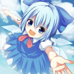 Rule 34 | &gt;:d, 1girl, :d, baron (x5qgeh), blue eyes, blue hair, bow, cirno, day, hair bow, hair ribbon, ice, ice wings, looking at viewer, matching hair/eyes, open mouth, outstretched arms, reaching, ribbon, short hair, sky, smile, solo, spread arms, touhou, v-shaped eyebrows, wings