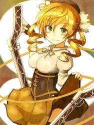 Rule 34 | 10s, 1girl, beret, blonde hair, clothes lift, drill hair, gun, hair ornament, hat, long hair, magical girl, magical musket, mahou shoujo madoka magica, mahou shoujo madoka magica (anime), mashayuki, skirt, skirt lift, smile, solo, tomoe mami, twin d, twin drills, twintails, weapon, yellow eyes