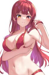 Rule 34 | 1girl, absurdres, bikini, blush, breasts, cleavage, hand on own chest, heterochromia, highres, hololive, houshou marine, houshou marine (summer), large breasts, long hair, looking at viewer, navel, official alternate costume, pendora1022, red bikini, red eyes, red hair, solo, swimsuit, virtual youtuber, white background, yellow eyes