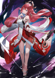 Rule 34 | 1girl, animal ears, bare shoulders, blazpu, detached sleeves, earrings, finger to own chin, fox ears, full body, genshin impact, highres, holding, holding wand, japanese clothes, jewelry, long hair, miko, priestess, purple eyes, red hair, slippers, standing, thighs, vision (genshin impact), wand, wide sleeves, yae miko