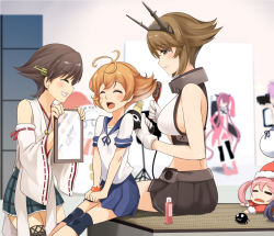 Rule 34 | 10s, 6+girls, :&lt;, :3, ahoge, aoba (kancolle), artist self-insert, bandaid, bandaid on face, breasts, brown eyes, brown hair, chibi, crab, darkmaya, detached sleeves, failure penguin, gloves, grin, hair bobbles, hair brush, brushing hair, hair dryer, hair ornament, hairband, hairdressing, hat, headgear, hiei (kancolle), kantai collection, kawakaze (kancolle), large breasts, mirror, multiple girls, mutsu (kancolle), nontraditional miko, oboro (kancolle), open mouth, orange hair, pink hair, purple hair, red hair, roma (kancolle), santa hat, sazanami (kancolle), short hair, sitting, smile, snowman, tears, the roma-like snowman, themed object, thighhighs, twintails, ushio (kancolle), wide sleeves