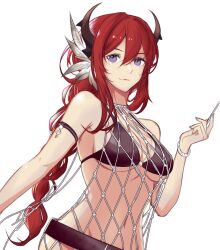Rule 34 | 1girl, arknights, bare shoulders, bikini, black bikini, breasts, feather hair ornament, feathers, hair ornament, highres, horns, lim aya w, long hair, medium breasts, navel, purple eyes, red hair, simple background, solo, stomach, surtr (arknights), swimsuit, upper body, very long hair, white background