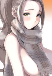 Rule 34 | 1girl, blush, breasts, brown hair, dytm, eyebrows, gradient background, highres, large breasts, long hair, looking at viewer, naked scarf, nude, original, ponytail, pool monitor part-timer (dtym), scarf, simple background, solo, upper body, yellow eyes