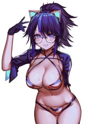 Rule 34 | 1girl, absurdres, ahoge, animal ears, arm behind back, bikini, black hair, blue eyes, blue hair, breast tattoo, breasts, bsapricot, cowboy shot, fake animal ears, glasses, gloves, grin, highres, kson, large breasts, leaning forward, long hair, looking at viewer, mole, mole under eye, multicolored hair, navel, ponytail, simple background, smile, solo, souchou, streaked hair, swimsuit, tattoo, two-tone bikini, virtual youtuber, vshojo, white background