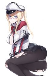 Rule 34 | 10s, 1girl, absurdres, annnna, ass, black pantyhose, blonde hair, blue eyes, blush, breasts, cleavage, covered erect nipples, glasses, graf zeppelin (kancolle), hat, highres, kantai collection, large breasts, long hair, looking at viewer, military hat, pale skin, panties, pantyhose, pleated skirt, simple background, sitting, skirt, solo, torn clothes, torn pantyhose, twintails, underwear, white background, white panties