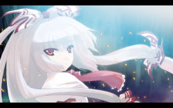 Rule 34 | 1girl, bow, closed mouth, expressionless, female focus, floating hair, fujiwara no mokou, hair bow, letterboxed, long hair, looking at viewer, multiple hair bows, red eyes, sidelocks, silver hair, solo, tokiame, touhou, upper body, very long hair, white bow, wind
