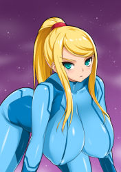 Rule 34 | 1girl, all fours, alternate breast size, aqua eyes, blonde hair, blush, bodysuit, breasts, collarbone, covered erect nipples, female focus, gradient background, hanging breasts, high ponytail, huge breasts, large breasts, leaning forward, long hair, looking at viewer, metroid, mole, mole under mouth, nintendo, onomeshin, parted lips, ponytail, samus aran, scrunchie, sidelocks, skin tight, solo, swept bangs, turtleneck, zero suit