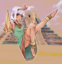 Rule 34 | 1girl, aiming, aiming at viewer, anklet, asatsuki (cookie), aztec architecture, barefoot, blunt bangs, blurry, blurry background, bob cut, bodypaint, brown eyes, commentary request, cookie (touhou), dress, facepaint, feather hair ornament, feathers, flat chest, full body, green dress, hair ornament, hairband, highres, holding, holding sword, holding weapon, jewelry, konpaku youmu, looking at viewer, medium bangs, open mouth, pyramid (structure), short hair, sleeveless, sleeveless dress, solo, sword, tan, tohokune, touhou, weapon, white hair, yellow hairband