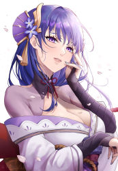 Rule 34 | 1girl, breasts, bridal gauntlets, cleavage, expulse, flower, genshin impact, hair ornament, hand on own cheek, hand on own face, highres, japanese clothes, kimono, large breasts, long hair, mole, mole under eye, nail polish, obi, off shoulder, purple eyes, purple flower, purple hair, purple nails, raiden shogun, sash, solo, vision (genshin impact)