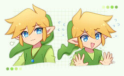 Rule 34 | 1boy, :3, puff of air, blonde hair, blue eyes, closed mouth, color guide, commentary, english commentary, enni, flying sweatdrops, green background, green headwear, green shirt, green tunic, hair between eyes, hands up, hat, highres, jewelry, link, long sleeves, looking at viewer, male focus, motion lines, multiple views, necklace, nintendo, open mouth, pointy ears, shirt, short hair, sidelocks, simple background, smile, teeth, the legend of zelda, the legend of zelda: four swords, tunic, upper body, upper teeth only