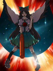 Rule 34 | 1girl, :o, arm cannon, bad id, bad pixiv id, black hair, black wings, bow, cape, female focus, hair bow, highres, hitoto, long hair, open mouth, pointing, red eyes, reiuji utsuho, solo, standing, touhou, weapon, wings