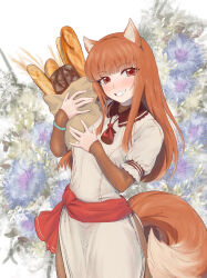 Rule 34 | 1girl, :d, absurdres, animal ears, bag, blue flower, blunt bangs, blush, bread, casual, colored eyelashes, commentary, cowboy shot, dress, eyes visible through hair, fang, floral background, flower, food, grin, hair intakes, hands up, highres, holding, holding bag, holo, jewelry, long hair, looking at viewer, necklace, nose, open mouth, puffy short sleeves, puffy sleeves, red eyes, red pupils, rediva01, short sleeves, sleeves past wrists, smile, solo, spice and wolf, straight hair, tail, tsurime, white background, white dress, wolf ears, wolf girl, wolf tail