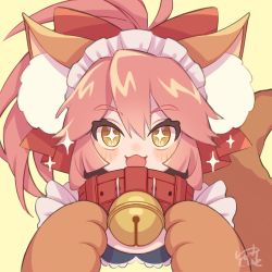 Rule 34 | 1girl, :3, animal collar, animal ear fluff, animal ears, animal hands, bell, blush, bow, cat paws, collar, commentary, fate/grand order, fate (series), fox ears, fox girl, hair between eyes, hair bow, highres, jingle bell, kandis milk, long hair, looking at viewer, maid headdress, neck bell, open mouth, pink hair, ponytail, red bow, sidelocks, signature, smile, solo, sparkle, sparkling eyes, tamamo (fate), tamamo cat (fate), tamamo cat (second ascension) (fate), upper body, yellow background, yellow eyes
