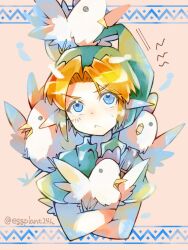 1boy bird blonde_hair blue_eyes chicken cropped_torso crossed_arms eggplant24h frown furrowed_brow green_hat green_tunic hat highres light_blush link male_focus nintendo parted_bangs pointy_ears pointy_hat short_hair shoulder_belt solo sweatdrop the_legend_of_zelda tunic twitter_username upper_body