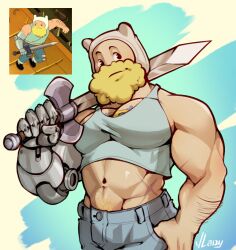 Rule 34 | 1boy, abs, adventure time, aged up, animal ears, aqua tank top, bara, beard, blonde hair, cropped shirt, denim, facial hair, fake animal ears, finn the human, jeans, large pectorals, looking to the side, male focus, mature male, mechanical arms, muscular, muscular male, navel, navel hair, over shoulder, pants, pectoral cleavage, pectorals, raised eyebrows, reference inset, scar, scar on arm, sidepec, single mechanical arm, solo, stomach, sword, sword over shoulder, vlady (vladyzim), weapon, weapon over shoulder