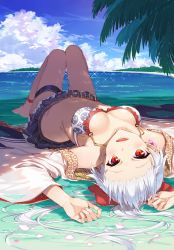 Rule 34 | 1girl, :d, absurdres, bare shoulders, barefoot, beach, bikini, bikini skirt, blue sky, blush, bow, breasts, breasts apart, cleavage, cloud, collarbone, day, duplicate, fate/grand order, fate (series), flower, full body, hair between eyes, hair flower, hair ornament, hair ribbon, highres, japanese clothes, kimono, long hair, looking at viewer, lying, medium breasts, navel, ocean, off shoulder, on back, open mouth, outdoors, palm tree, ponytail, red bow, red eyes, ribbon, sand, sandals, unworn sandals, shoes, silver hair, sky, smile, solo, stomach, swimsuit, thigh strap, tomoe gozen (fate), tree, tsukino (nakajimaseiki), twitter username, very long hair