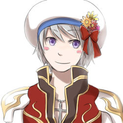 Rule 34 | 1boy, black coat, blush stickers, bow, closed mouth, coat, commentary request, cross, cross necklace, flower, grey hair, hat, hat bow, hat flower, high priest (ragnarok online), jewelry, layered clothes, looking at viewer, male focus, multicolored coat, natsuya (kuttuki), necklace, orange flower, purple eyes, ragnarok online, red bow, red coat, red flower, short hair, simple background, smile, solo, two-tone coat, upper body, white background, white coat, white hat, yellow flower