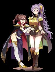 Rule 34 | 2girls, absurdres, anklet, armor, blush, boots, bow, breastplate, bridal gauntlets, brown eyes, brown hair, cape, closed mouth, cosplay, costume switch, delthea (fire emblem), delthea (fire emblem) (cosplay), dress, elbow gloves, fang, fire emblem, fire emblem: genealogy of the holy war, fire emblem echoes: shadows of valentia, fire emblem heroes, gloves, hair bow, high heel boots, high heels, highres, ishtar (fire emblem), ishtar (fire emblem) (cosplay), jewelry, light purple hair, long hair, multiple girls, nintendo, open mouth, ponytail, purple eyes, shoulder pads, side slit, standing, standing on one leg, valcard992, white gloves, yellow bow