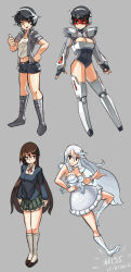 Rule 34 | 2013, 4girls, armor, bangle, bare shoulders, black eyes, black hair, blazer, blush, boots, bracelet, breasts, brown hair, choker, cleavage, cleavage cutout, clothing cutout, covered navel, dated, dress, dual persona, fingerless gloves, forehead jewel, frown, gloves, grey background, hairband, headphones, headset, high heels, highres, jacket, jewelry, junkpuyo, knee boots, large breasts, long hair, mecha musume, midriff, miniskirt, multiple girls, navel, one eye closed, open clothes, open jacket, original, pauldrons, plaid, plaid skirt, pointing, school uniform, shoes, short hair, short shorts, shorts, shoulder armor, simple background, skirt, smile, sparkle, strapless, strapless dress, tank top, thrusters, thumbs up, transformation, very long hair, visor, white dress, white hair, wink
