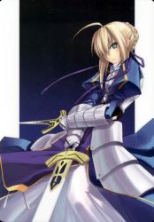 Rule 34 | 00s, 1girl, armor, artoria pendragon (all), artoria pendragon (fate), blonde hair, breasts, caliburn (fate), dual wielding, excalibur (fate/stay night), fate/stay night, fate (series), gradient background, green eyes, highres, holding, saber (fate), shingo (missing link), small breasts, solo, sword, weapon