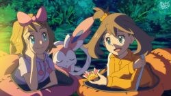 Rule 34 | 2girls, bow hairband, brown hair, bush, closed mouth, commentary, creatures (company), english commentary, eye contact, eyelashes, game freak, gen 6 pokemon, green eyes, hair ornament, hair scrunchie, hairband, head rest, highres, holding, long sleeves, looking at another, lukas thadeu, lying, may (pokemon), medium hair, multiple girls, night, nintendo, official style, on stomach, open mouth, orange scrunchie, outdoors, pajamas, pink hairband, pokemon, pokemon (anime), pokemon (creature), pokemon oras, pokemon xy (anime), scrunchie, serena (pokemon), sleeping bag, smile, sylveon, tongue, watermark, zipper pull tab