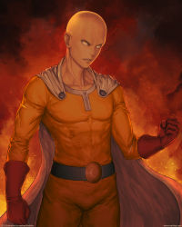 Rule 34 | 1boy, abs, bald, belt, cape, clenched hands, cowboy shot, fiery background, fire, gloves, gofelem, male focus, one-punch man, parted lips, saitama (one-punch man), solo, standing, superhero costume