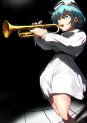 Rule 34 | 1girl, absurdres, belt, black background, blue eyes, blue hair, brown belt, collared dress, commentary request, dress, feet out of frame, hair between eyes, hat, highres, holding, holding instrument, instrument, long sleeves, medium bangs, merlin prismriver, motion blur, music, open mouth, playing instrument, short hair, solo, sotatsudraw, touhou, trumpet, white dress, white hat