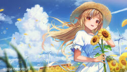 Rule 34 | 1girl, alternate costume, alternate hairstyle, anniversary, back bow, blonde hair, blue sky, blurry, bow, bus, cloud, cloudy sky, company name, copyright notice, dark-skinned female, dark elf, dark skin, depth of field, dot nose, dress, elf, falling petals, field, flower, flower field, grass, hair down, hand up, hat, holding, holding flower, hololive, long hair, looking at viewer, motor vehicle, multicolored hair, official art, open mouth, outdoors, petals, pinky out, pointy ears, puffy short sleeves, puffy sleeves, red eyes, sakumichi, shiranui flare, short sleeves, sky, smile, solo, straw hat, streaked hair, sundress, sunflower, sunflower field, tree, upper body, virtual youtuber, white bow, white dress, wind, wind turbine, windmill