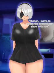Rule 34 | 1girl, 2b (nier:automata), absurdres, anime screenshot, arms behind back, bandana, black shirt, blindfold, blue glow, breasts, cosplay, curvy, eddarxart, english text, facing viewer, female focus, game console, hair ornament, highres, large breasts, mole, mole under mouth, nier:automata, nier (series), oversized clothes, photo background, plump lips, shirt, solo, talking, talking to viewer, television, thick thighs, thigh gap, thighs, tv show, white hair, wide hips