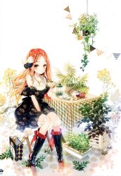 Rule 34 | 1girl, :o, absurdres, black footwear, boots, bow, breasts, brown eyes, brown hair, chair, cherrypin, cup, dress, expressionless, full body, hair bow, heart, highres, knee boots, mole, mole under eye, parted lips, plant, potted plant, simple background, sitting, small breasts, solo, table, teapot