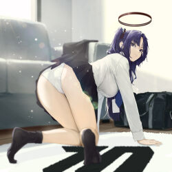 Rule 34 | 1girl, absurdres, all fours, ass, blue archive, blue eyes, blush, breasts, feet, fieryonion, halo, highres, large breasts, legs, long hair, long sleeves, looking at viewer, necktie, no shoes, parted bangs, purple eyes, purple hair, shirt, skirt, socks, soles, solo, toes, two side up, white shirt, yuuka (blue archive)