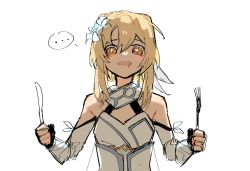 Rule 34 | ..., 1girl, bad id, bad twitter id, blonde hair, commentary, detached sleeves, dress, english commentary, flower, fork, genshin impact, hair flower, hair ornament, highres, holding, holding fork, holding knife, hungry, knife, kurattes, lily (flower), looking at viewer, lumine (genshin impact), saliva, short hair, sidelocks, sketch, solo, sparkling eyes, upper body, white background, white dress, white flower, yellow eyes