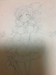 Rule 34 | 10s, 1girl, beige background, breasts, cowboy shot, drill hair, hair ornament, izumi rei, jewelry, long hair, mahou shoujo madoka magica, mahou shoujo madoka magica (anime), monochrome, necklace, paper, photo (medium), puffy sleeves, ribbon, simple background, sketch, smile, solo, standing, tomoe mami, twin drills, twintails
