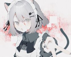 Rule 34 | 1girl, animal ears, apron, black bow, black bowtie, blood, blood on face, bow, bowtie, cat ears, cat girl, cat hair ornament, cat tail, commentary, cross, cross necklace, dress, grey dress, grey eyes, grey hair, grey nails, hair ornament, hairclip, highres, jewelry, maid, maid headdress, necklace, nekosa, open mouth, original, short hair, smile, solo, tail, v, white apron, x hair ornament