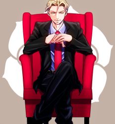 Rule 34 | 1boy, black pants, blonde hair, blue eyes, chair, collared shirt, couch, formal, jojo no kimyou na bouken, kira yoshikage, male focus, necktie, pants, red necktie, red upholstery, shirt, sitting, solo, suit, u (lastcrime), z7a2048