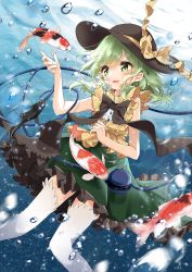 Rule 34 | 1girl, adapted costume, alternate costume, black bow, blush, bow, bubble, commentary, eyelashes, frilled skirt, frills, green eyes, green hair, green skirt, hat, hat ribbon, heart, heart of string, highres, hysteria, kneehighs, koi, komeiji koishi, looking at another, open mouth, ribbon, shirt, short hair, skirt, sleeveless, smile, socks, thighhighs, third eye, touhou, underwater, yellow bow, yellow shirt