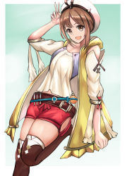 Rule 34 | 1girl, absurdres, atelier (series), atelier ryza, atelier ryza 1, black ribbon, boots, breasts, brown eyes, brown hair, fang, flask, highres, huge filesize, leather belt, looking at viewer, nana kamiii, open mouth, red shorts, reisalin stout, ribbon, round-bottom flask, shirt, short shorts, shorts, skin fang, skindentation, sleeveless, sleeveless jacket, smile, solo, thick thighs, thighs, toeless footwear, v, vest, vial, white headwear, yellow vest