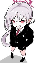 Rule 34 | 2girls, absurdres, black shorts, blue archive, blush, collared shirt, formal, from above, grey hair, grin, halo, highres, long hair, long sleeves, looking at viewer, multiple girls, mutsuki (blue archive), mutsuki (suit) (blue archive), necktie, pointy ears, red eyes, red halo, red necktie, shirt, shoeguy, shorts, simple background, smile, socks, suit, white background, white shirt, white socks