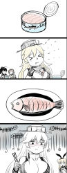 Rule 34 | 10s, 4girls, 4koma, :p, akizuki (kancolle), black hair, blonde hair, braid, breasts, brown hair, can, canned food, chopsticks, cleavage, comic, elbow gloves, fish, fish (food), fish bone, fork, gloom (expression), gloves, hairband, highres, holding, iowa (kancolle), kantai collection, large breasts, long hair, machinery, medium breasts, multiple girls, navel, partially colored, ponytail, school uniform, serafuku, shimakaze (kancolle), silent comic, teruzuki (kancolle), tongue, tongue out, tuna, turret, twin braids, x), y.ssanoha