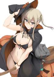 Rule 34 | 1girl, bag, bikini, black bikini, blonde hair, breasts, broom, broom riding, cloak, commentary request, cowboy shot, embarrassed, graf zeppelin (kancolle), grey eyes, hair between eyes, halloween, hat, high ponytail, jack-o&#039;-lantern, kantai collection, large breasts, messenger bag, pumpkin, shoulder bag, sidelocks, smile, solo, swimsuit, thighhighs, twintails, wavy mouth, white background, witch hat, zekkyon