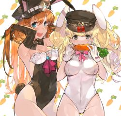 Rule 34 | 2girls, alternate costume, animal ears, bare shoulders, black gloves, black leotard, blonde hair, blue eyes, blush, braid, breasts, brown hair, carrot, cleavage, commentary request, covered navel, cowboy shot, detached collar, elbow gloves, fake animal ears, from side, gloves, granblue fantasy, hair lift, hat, highleg, highleg leotard, highres, large breasts, lecia (granblue fantasy), leotard, long hair, looking at viewer, medium breasts, monika weisswind, multiple girls, natsuko (summer 525528), open mouth, peaked cap, playboy bunny, rabbit ears, rabbit tail, strapless, strapless leotard, tail, thighs, twintails, white leotard