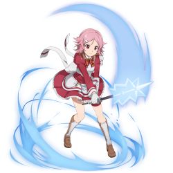 Rule 34 | 1girl, armor, boots, breastplate, brown footwear, frilled skirt, frills, full body, gloves, grey gloves, hair ornament, hairclip, highres, holding, holding weapon, lisbeth (sao), long sleeves, miniskirt, neck ribbon, official art, pink hair, red eyes, red ribbon, red shirt, red skirt, ribbon, shirt, short hair, shoulder armor, skirt, solo, standing, striped ribbon, sword art online, transparent background, v-shaped eyebrows, weapon