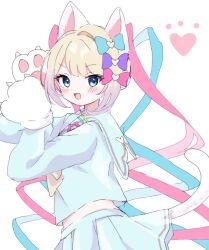 Rule 34 | 1girl, animal ears, animal hands, blonde hair, blue bow, blue eyes, blue hair, blush, bow, cat ears, cat girl, cat paws, cat tail, chouzetsusaikawa tenshi-chan, cowboy shot, from side, hair bow, hair ornament, kabe (zp66104), long hair, long sleeves, looking at viewer, miniskirt, multicolored hair, needy girl overdose, open mouth, pink bow, pink hair, pleated skirt, purple bow, quad tails, sailor collar, school uniform, serafuku, shirt, simple background, skirt, smile, solo, standing, tail, tail under clothes, very long hair, white background, white shirt, white skirt