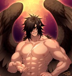 Rule 34 | 1boy, abs, bara, beckoning, black hair, completely nude, crescentia fortuna, feathered wings, fire emblem, fire emblem: radiant dawn, highres, large pectorals, male focus, medium hair, muscular, muscular male, navel, nintendo, nipples, nude, pectorals, pointy ears, scar, scar on chest, sidelocks, smile, solo, stomach, textless version, tibarn (fire emblem), wings, yellow eyes