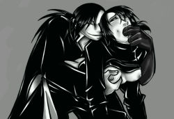 Rule 34 | 00s, grabbing another&#039;s breast, breasts, clothed sex, darkpenguin, fullmetal alchemist, grabbing, lan fan, ling yao, monochrome, sex, tagme